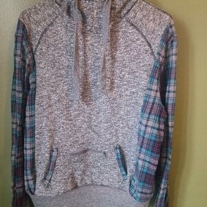 Upcycled Gray Marled Hoodie with Teal & Plum Plaid Sleeves